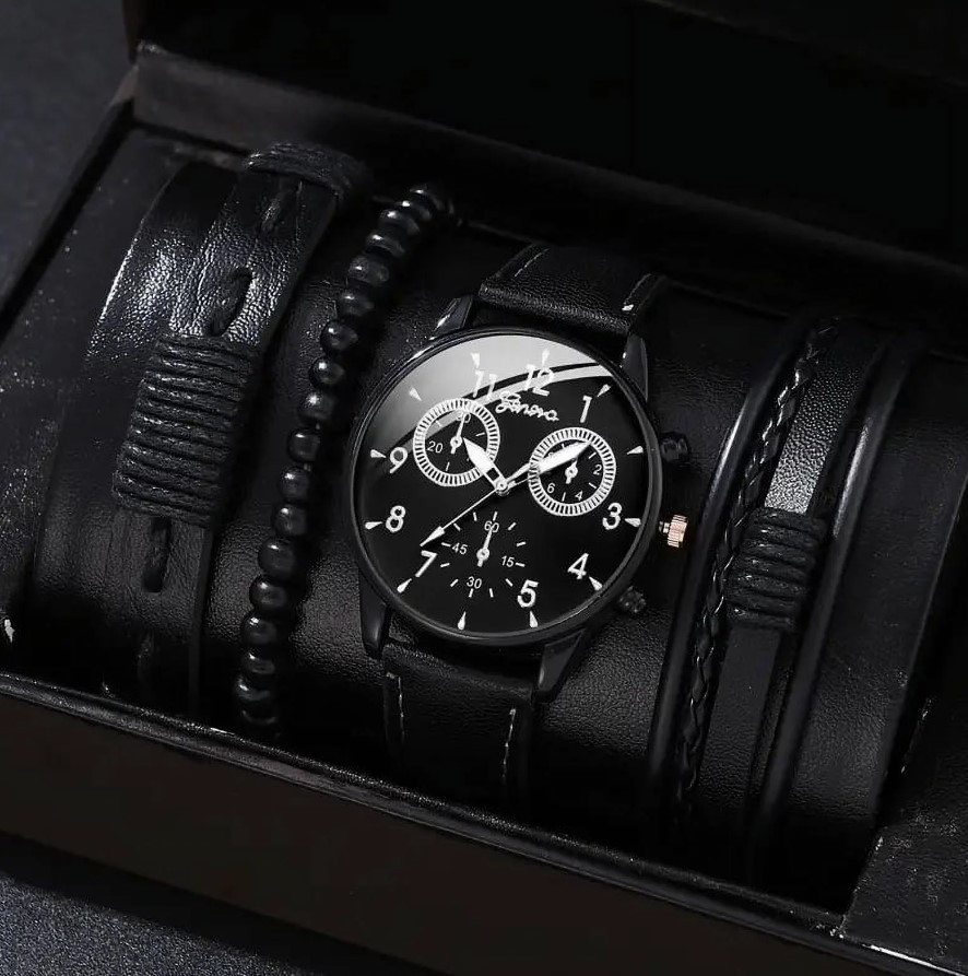 Set ceas si bratari pentru barbati, Design modern, Negru