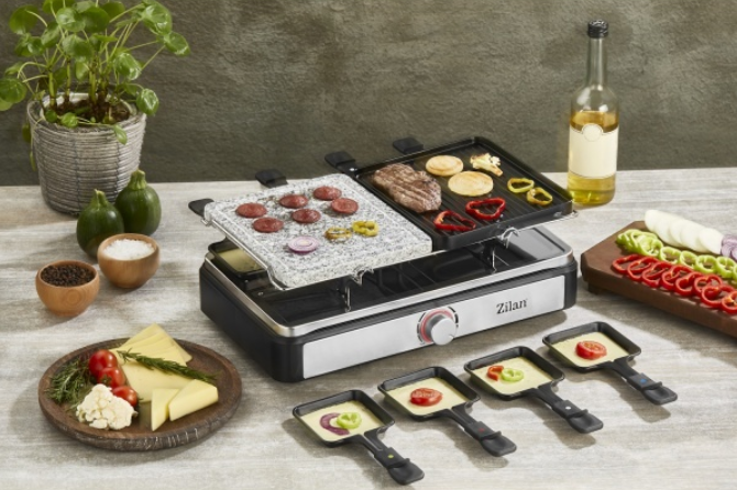 Gratar electric cu raclette Zilan ZLN8863, placa de piatra si placa de aluminiu, putere 1400 W, Gri