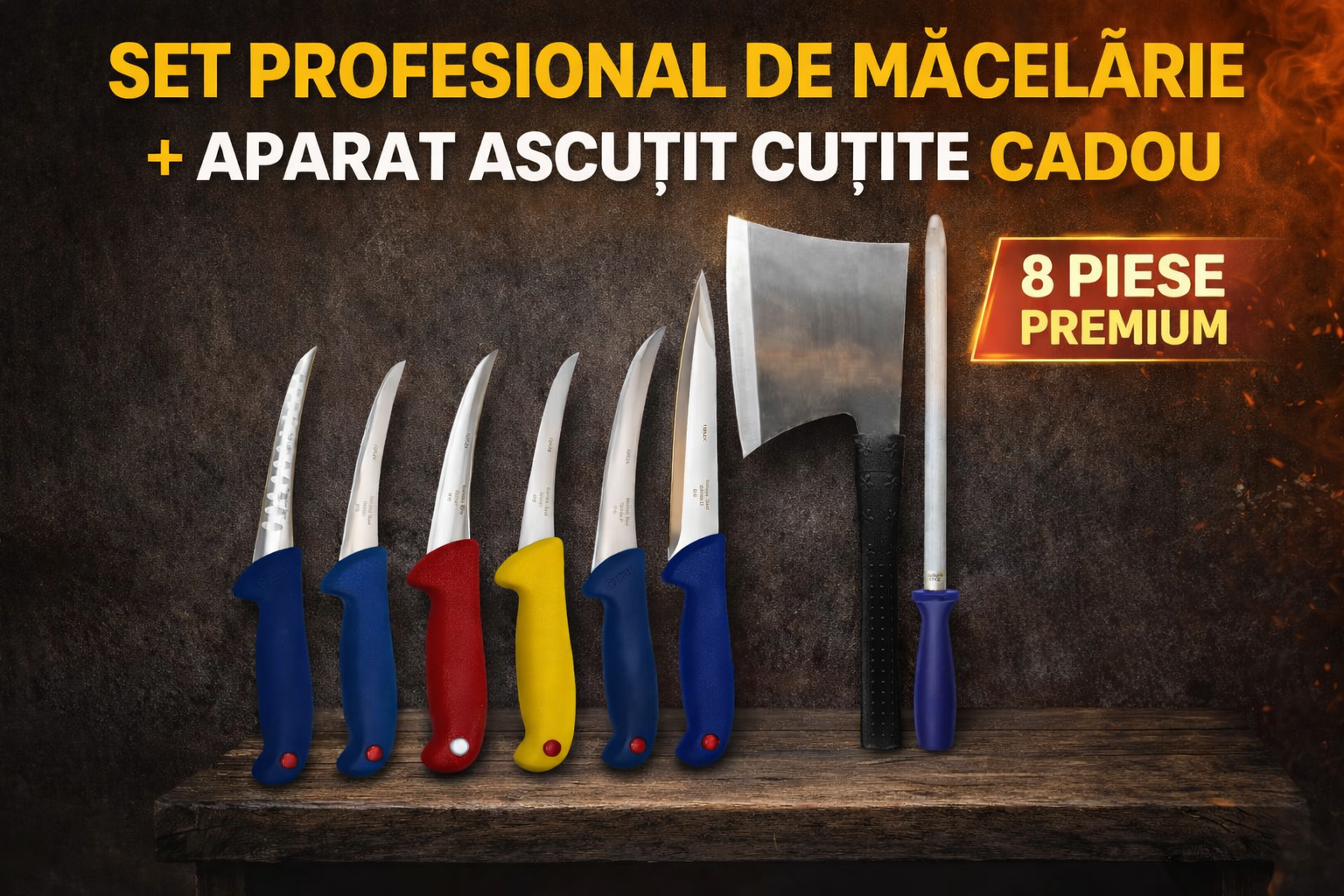 Set Profesional pentru Bucătărie – Kit de Măcelărie 8 Piese + Ascuțitor Inclus