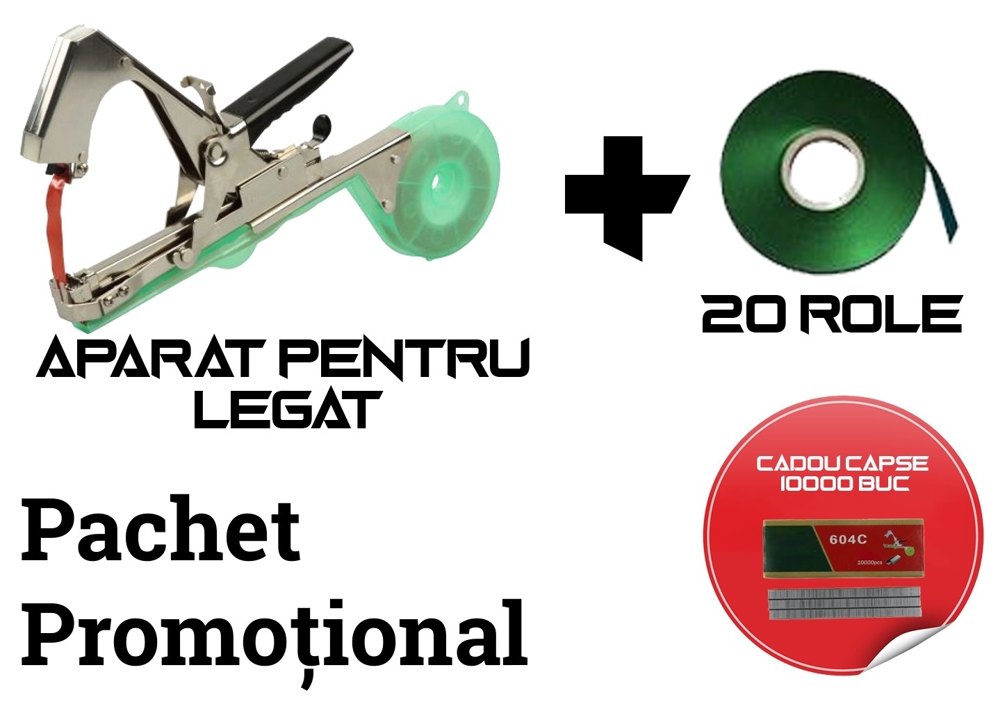 Pachet promotional dispozitiv pentru legat plante si vita de vie + 20 de role + 10.000 capse CADOU