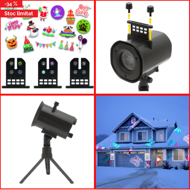 PROIECTOR LED CU SABLOANE INTERSCHIMBABILE, PENTRU INTERIOR, EXTERIOR, LUMINĂ PARTY, HALLOWEEN, CRACIUN