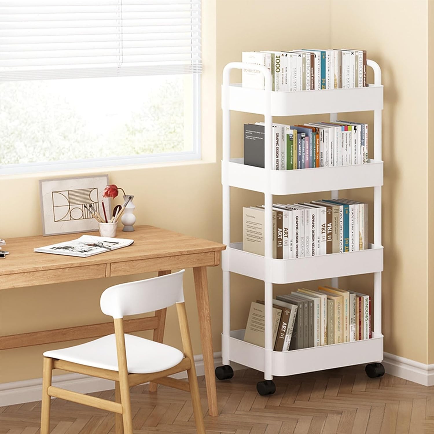 Etajeră mobilă cu roți – raft de depozitare cu 4 nivele și cârlige, design multifuncțional, 43 x 30 x 107 cm, alb