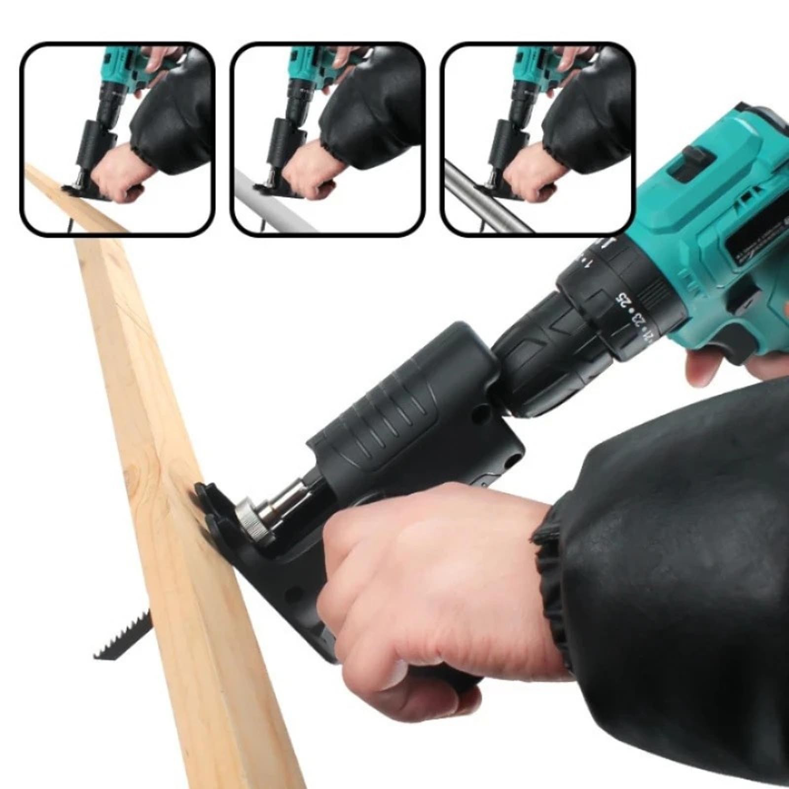 Adaptor fierăstrău pendular pentru bormașină – tăiere rapidă, set cu 3 lame pentru lemn, metal și PVC