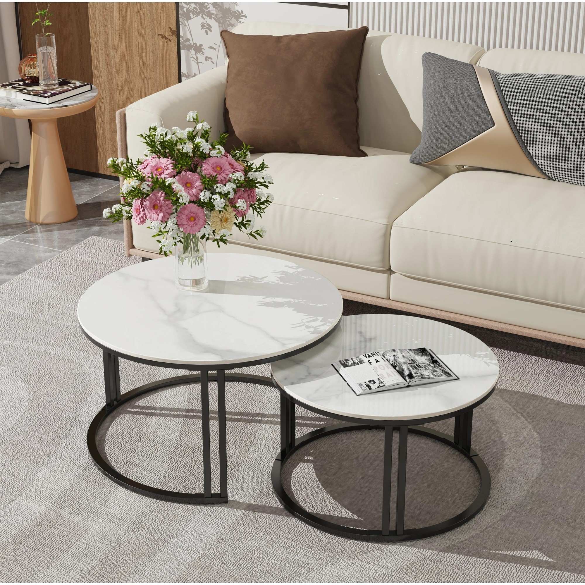 Set 2 măsuțe de cafea tip Nesting – blat cu efect marmură, cadru dublu metalic, design modern