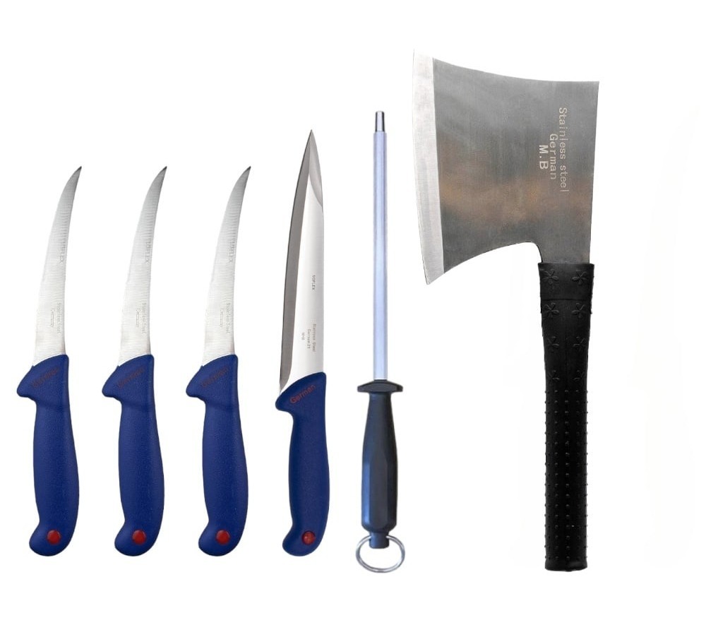 Set 6 cuțite ale măcelarului, Germany – cuțite profesionale pentru tranșat și dezosat, pilă și satâr cu mâner de cauciuc