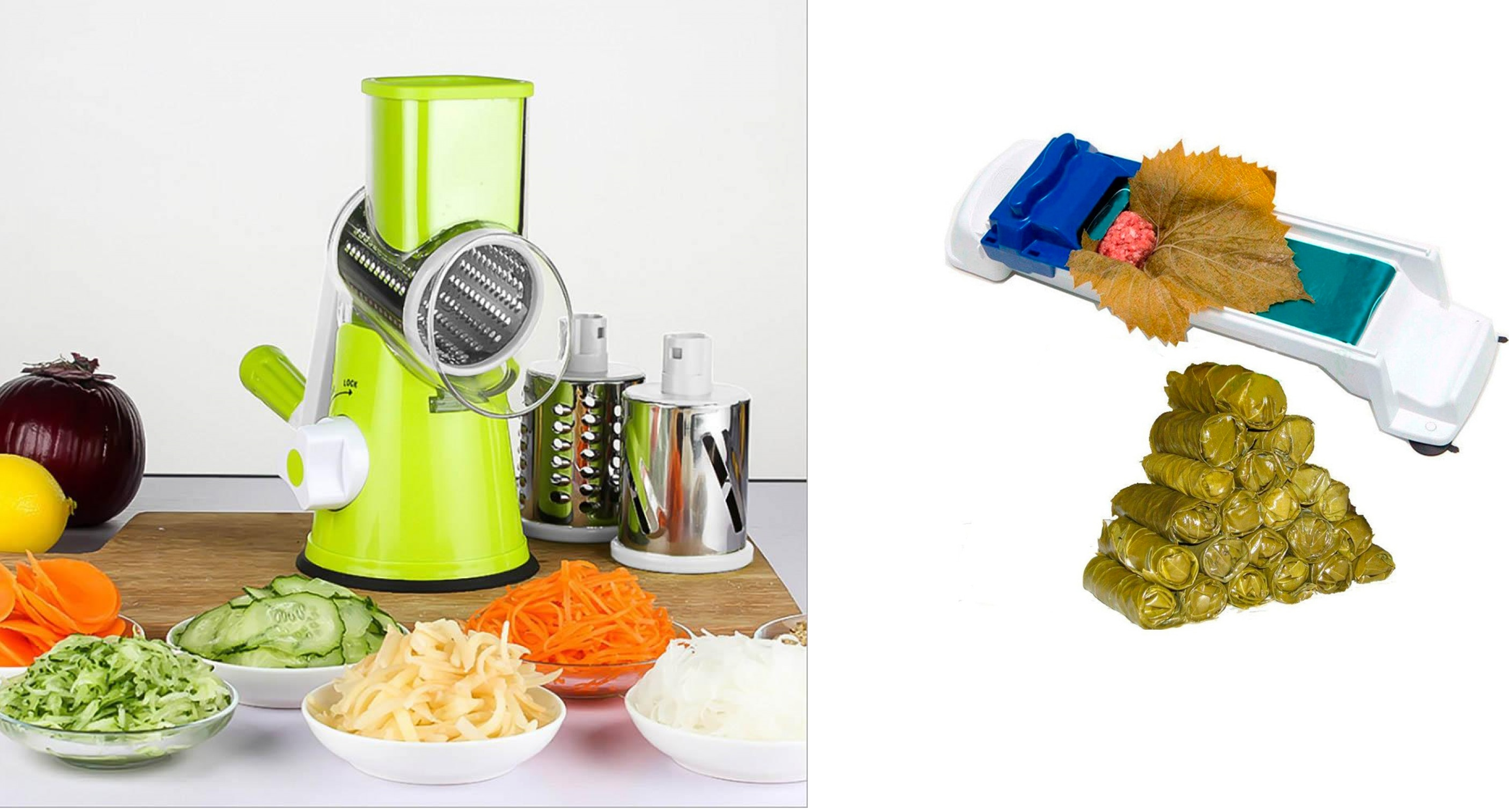 SET Razatoare manuala pentru legume Tabletop Drum Grater, 3 lame interschimbabile + Aparat Dolmer pentru rulat sarmale si rulouri de carne