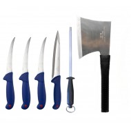 Set 6 cuțite ale măcelarului, Germany – cuțite profesionale pentru tranșat și dezosat, pilă și satâr cu mâner de cauciuc