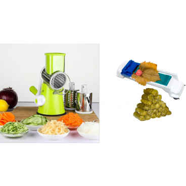 SET Razatoare manuala pentru legume Tabletop Drum Grater, 3 lame interschimbabile + Aparat Dolmer pentru rulat sarmale si rulouri de carne